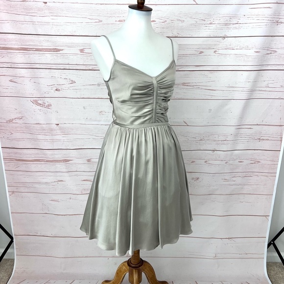 Banana Republic Taupe Brushed Silk Ruched Sleeveless Retro Flare Pocket Dress - Picture 9 of 15